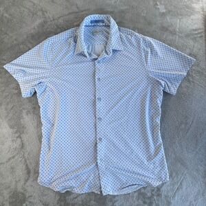 Level Ten Large White Blue Geo Stretch Shirt Modern Casual Summer Button Up